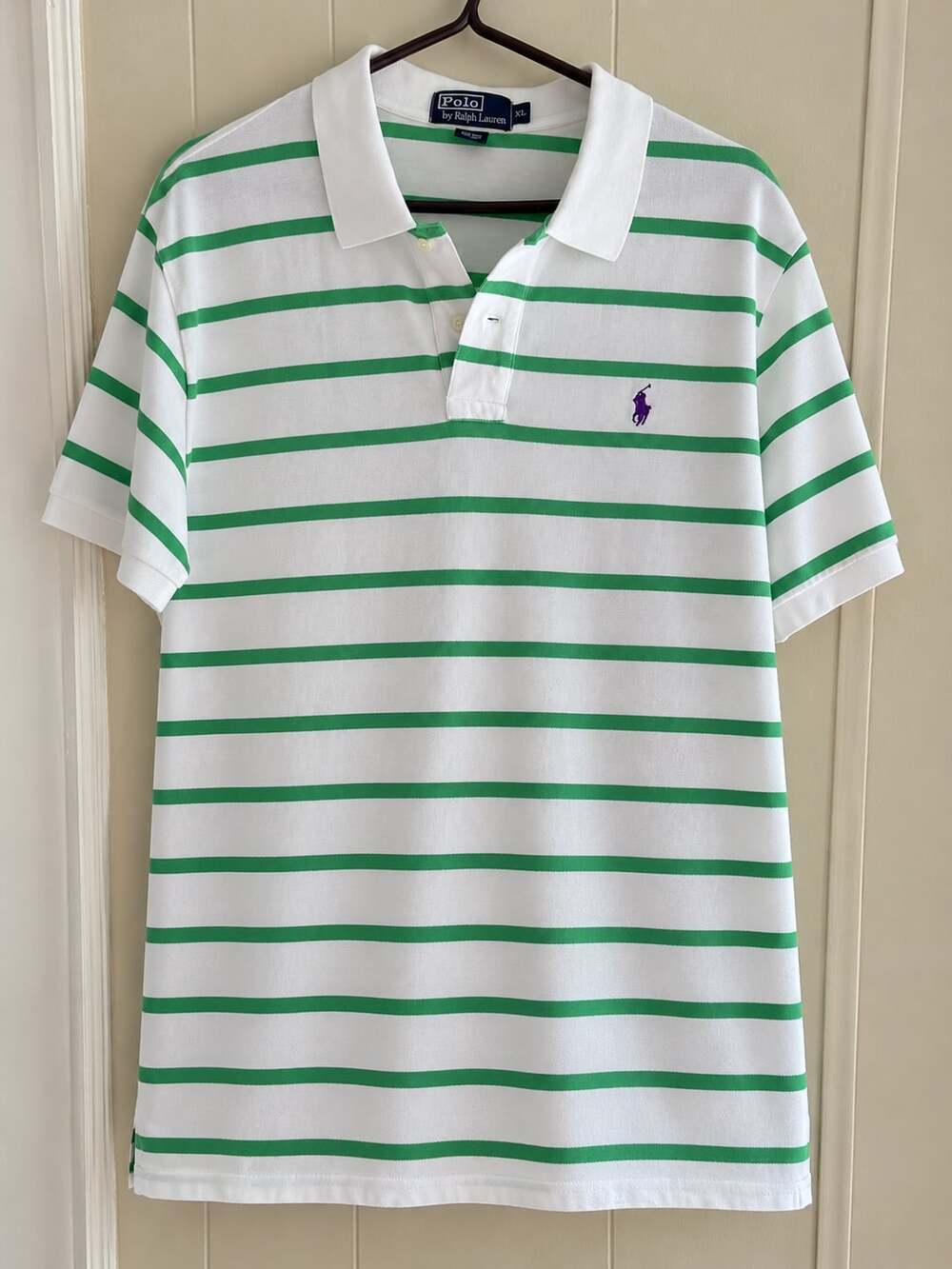 Polo Ralph Lauren Men's White and Green Striped Cotton Short Sleeve Polo Shirt X